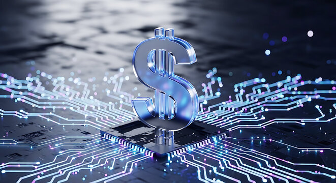A shiny dollar sign on a futuristic circuit board with glowing blue lines and dots, representing technology and finance