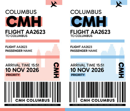 CMH, Columbus, USA luggage label, boarding pass template. Vector minimalist illustration with airport code, city destination, flight info. Flat, modern image layout