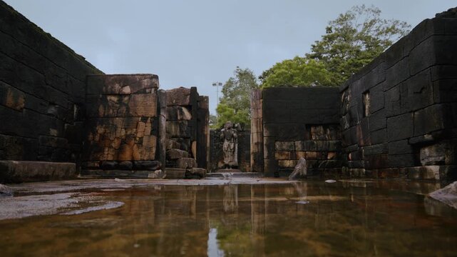 Ancient Hatadage tooth relic shrine, Polonnaruwa archaeological site in Sri Lanka. Water reflection