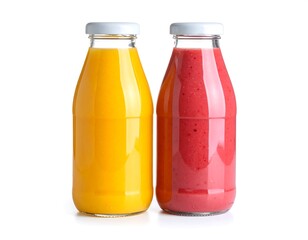 Fresh juice bottles with vibrant orange and strawberry smoothies