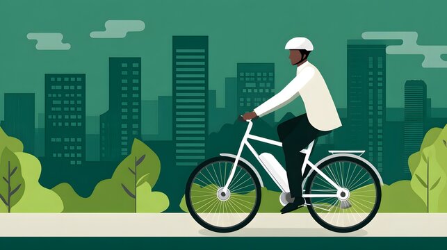 Urban Commute on E-Bike: An individual effortlessly glides through a modern cityscape on an electric bicycle, embracing a sustainable and efficient mode of transportation.