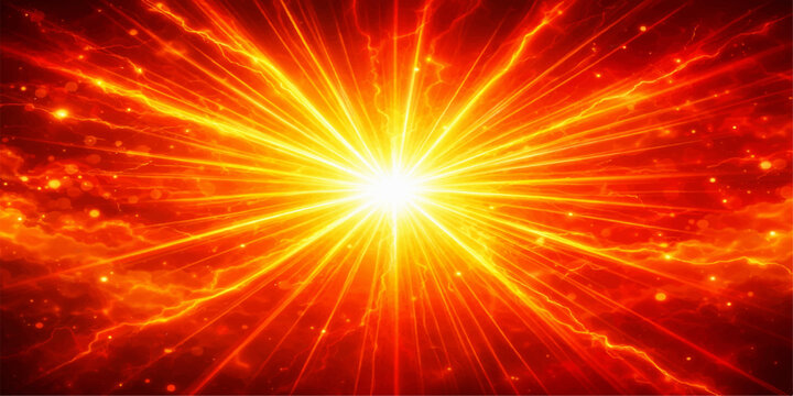 An abstract art illustration featuring a glowing fire explosion and red star burst with hot orange flames and bright light rays shining across a dark space background