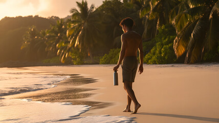 Man Walking on Tropical Beach at Sunset