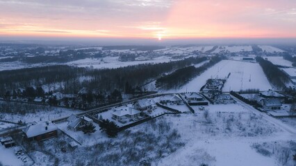 Winter aerial shot of suburban houses