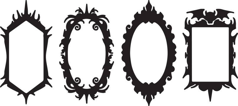 Vintage Gothic Ornate Black Silhouette Frames Set &ndash; Hexagonal, Oval, Rectangular Decorative Borders for Retro, Fantasy, and Elegant Design Projects