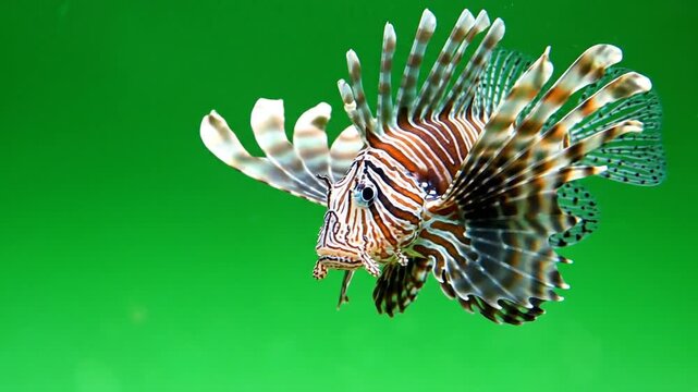A vibrant lionfish with distinctive striped patterns and fan-like fins swimming gracefully against a bright green background.