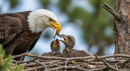 Fototapeta premium A brown eagle with a white head and yellow beak feeds two gray baby birds in a nest