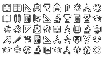 Education icon set, 40 icons. Includes graduation, learning, teaching, school, university, education symbols. Created in line style with black and white color palette.