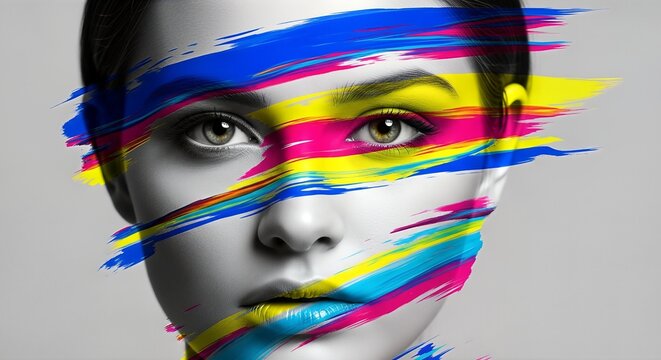 A grayscale portrait of a woman with colorful paint strokes across her face, adding vibrant contrast.