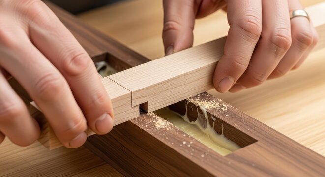 A craftsman carefully assembling wooden furniture using precise joinery techniques.
