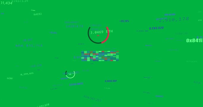 Donut gauge pulsing, tiles expanding and camera zooming to show crypto heatmap on transparent bg