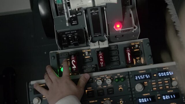 Captain hand presses buttons on instrument panel activating APU system. Professional pilot prepares aircraft for safe flight