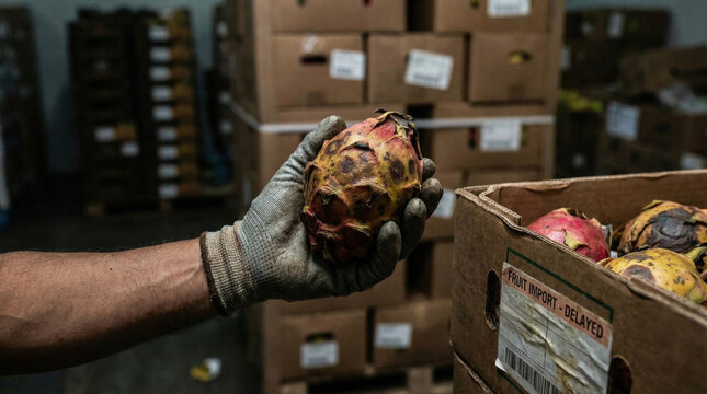 Rotten fruit held by gloved hand warehouse shows global supply chain disruptions causing food and agriculture crisis with delayed imports