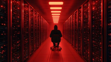 Cyber Fortress: Silhouette of person sitting alone in the middle of data server room surrounded by servers under red lights, evokes a sense of solitude, high-tech security.