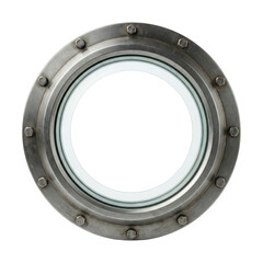 Vintage metal ship porthole with glass isolated. Submarine nautical window mockup.