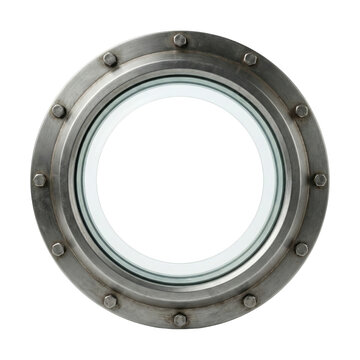 Vintage metal ship porthole with glass isolated. Submarine nautical window mockup.