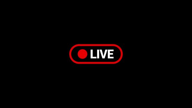 A stark black background prominently features a red oval with a central red circle and the word live in white text