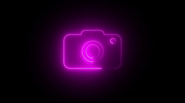 A vibrant glowing neon pink outline of a classic camera is centered against a deep black background creating a striking visual