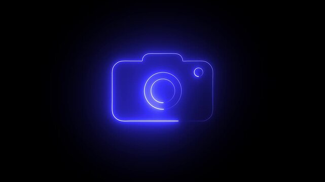 A vibrant glowing neon blue illustration depicts a classic camera shape against a stark black background emphasizing digital artistry high quality professional