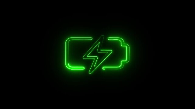 A vibrant glowing neon green symbol depicting a stylized lightning bolt enclosed within rounded square brackets set against a black background