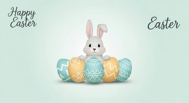 Easter celebration with bunny surrounded by decorated eggs in pastel colors