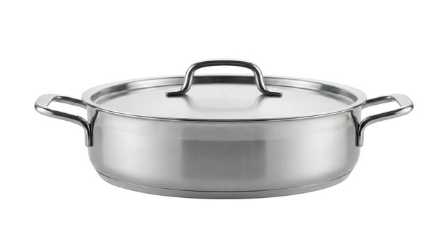 Stainless steel cooking pot with lid side view isolated. Professional kitchen cookware mockup.