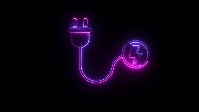A vibrant neon illustration depicts a standard electrical plug connected to a glowing lightning bolt symbol set against a black background
