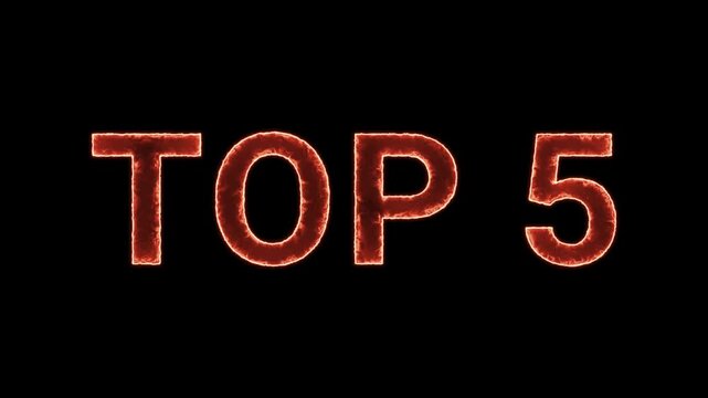 Top 5 Text Glowing Neon Reveal Animation Orange Isolated On Black Background