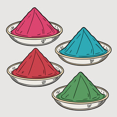 Four shallow bowls, each filled with a cone-shaped mound of brightly colored powder in pink, teal, red, and green. The artwork uses bold black outlines and a hand-drawn aesthetic.