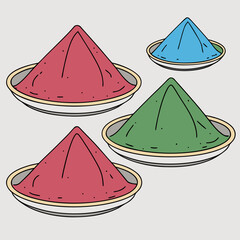 Five shallow dishes filled with brightly colored powders, each shaped into neat conical mounds. The colors include red, green, blue, and pink, arranged side by side.