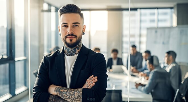 Portrait of a confident man with tattoos in a bright office, team working in background.
