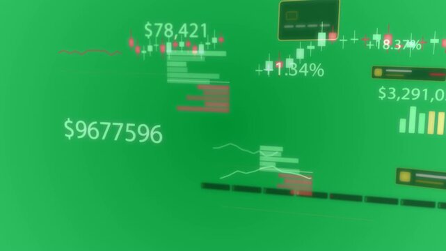 Finance HUD animating from soft vignette, sliding charts, showing market trends on transparent bg