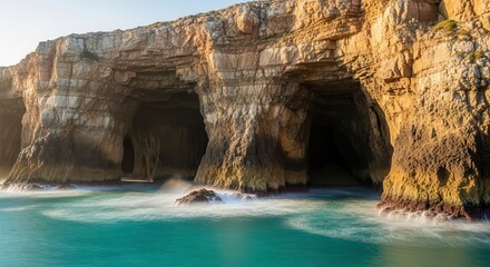 Seaside Cliffs with Caves and Turquoise Water.