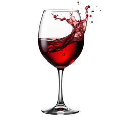 A close-up view of a wine glass filled with red wine, with some splashing out. isolated on transparent background