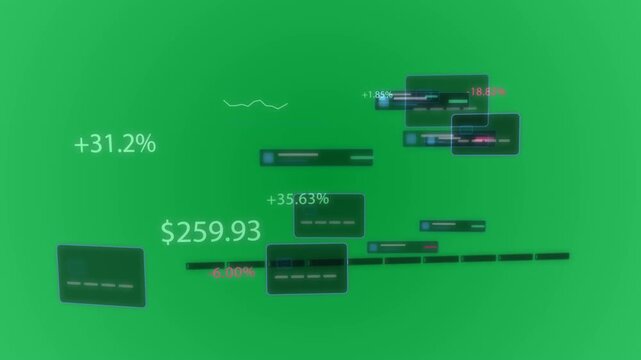Finance HUD on load assembling, sliding, pulsing, extending, showing gains on transparent canvas