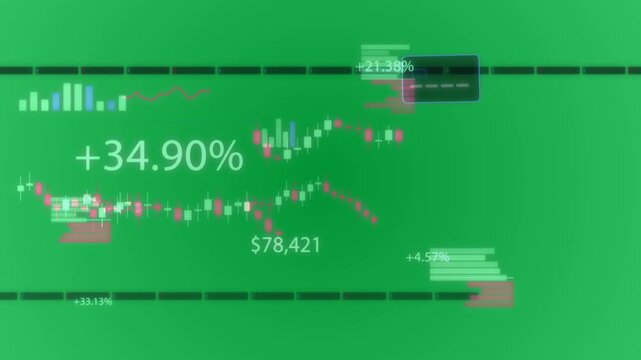 On load trading HUD animating left, candles rising, labels fading, showing gains on transparent bg