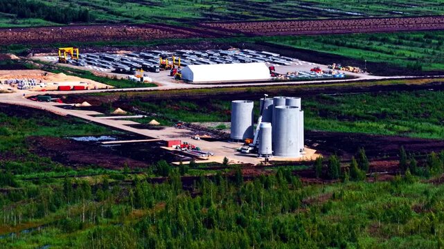 Wind turbine bases during construction phase rural Latvia Aerial