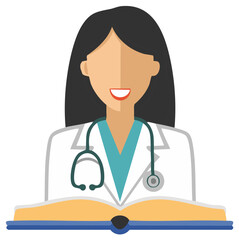 Fototapeta premium Female Doctor in Lab Coat with Stethoscope Studying a Medical Book Flat Icon
