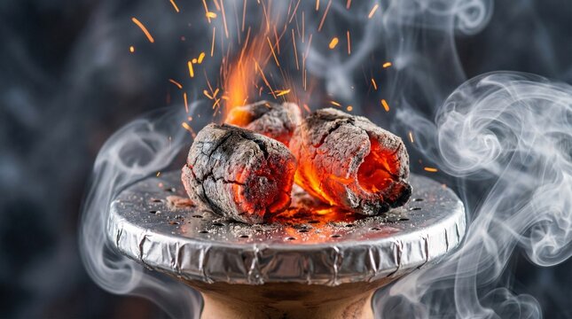 Macro Close-up of Glowing Red Hot Hookah Coals with Flying Sparks and Smoke