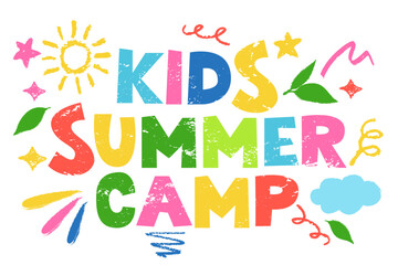 Kids summer camp lettering and crayon design elements. Vector camping illustration for banner, poster, flyer, print