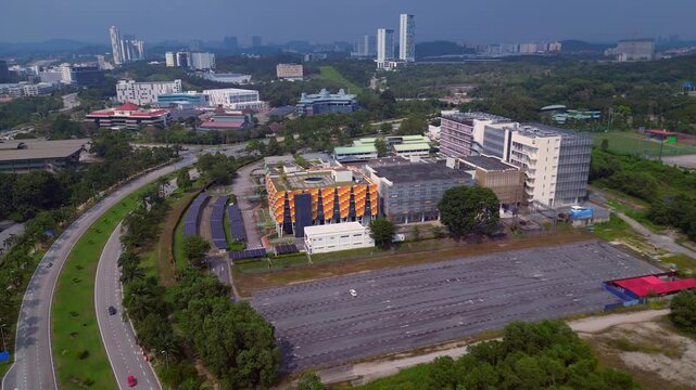Cyber city Data Center IT hub campus solar panels dPerfect aerial view rone