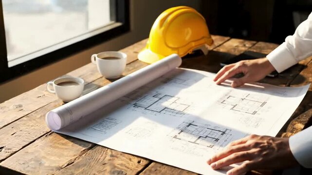 Close-up of an architect unrolling construction blueprints on a wooden table next to a yellow hard hat