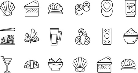 Japanese Food Line Icons Set Sushi Ramen Rice Seafood Minimal Outline Vector Collection Traditional Cuisine Symbols © Sumon Creative