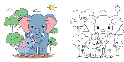 Cute Mother and Baby Elephant Illustration and Coloring Page for Kids, Elephant Family in Forest with Trees and Sun, Educational Vector Activity for Children © MMONIR