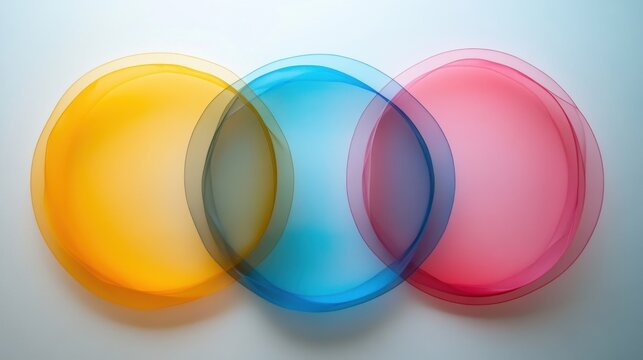 Geometric abstraction with three overlapping translucent circles in pink, yellow, and blue gradients on a white background creates a fresh look in art design