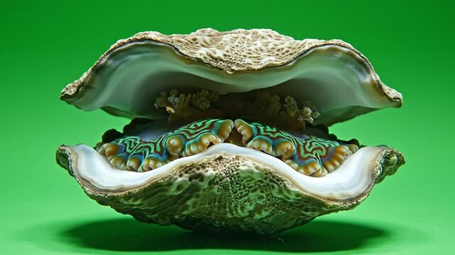 A large, partially open clam with a colorful, patterned mantle against a green background.