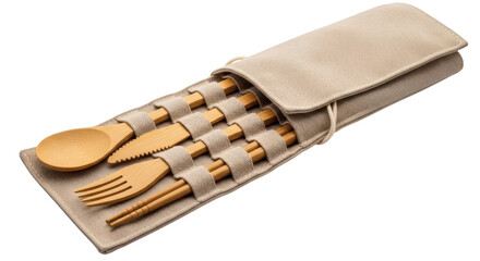 Bamboo Cutlery Set in Roll-Up Cloth Pouch on Transparent Background