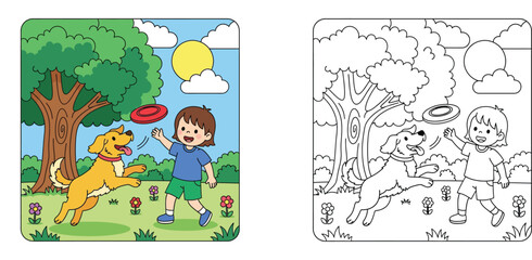 Obraz premium Kids activity coloring book page showing a boy playing frisbee with his dog in a sunny park with trees and flowers, educational vector illustration for children and leisure time activities.