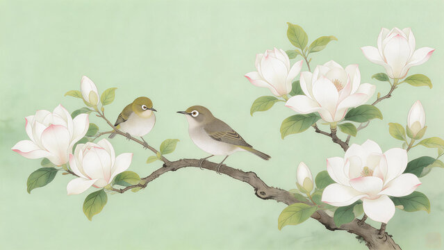 Two Japanese White-eye Birds on Magnolia Branch