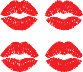 Set of red lipstick kiss marks transparent
